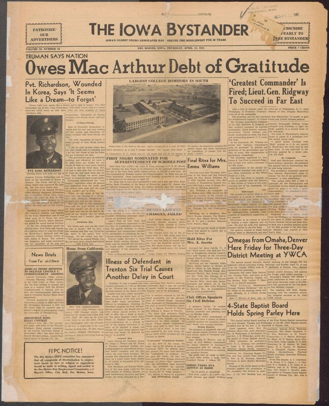 Contents include but are not limited to President Truman fires General MacArthur, replacing him with Matthew Ridgway, A&T College completes the largest men's dormitory in the South, Dr. John King nominated as New York's first Black superintendent, wounded Iowa soldier Earl Richardson recounts Korean War experiences, Trenton Six murder re-trial delayed by defendant's sudden heart illness, Des Moines Toastmasters establish speakers bureau to promote civil defense, and other topics.