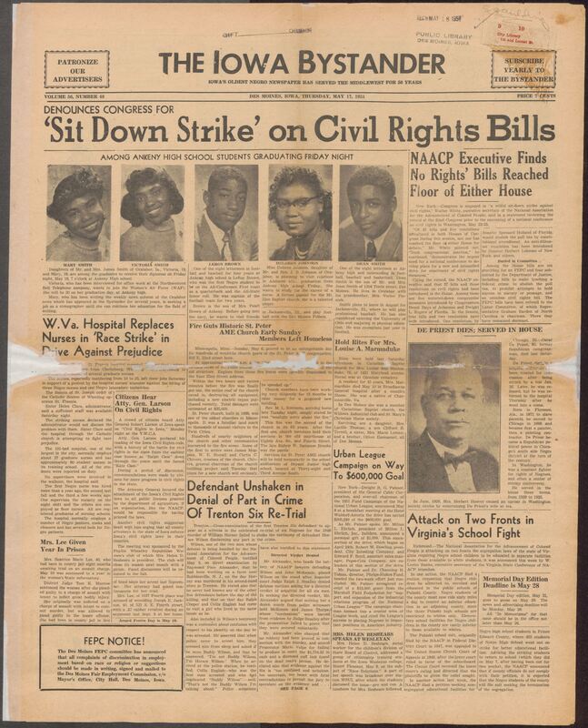 Contents include but are not limited to description and images of five Ankeny High School Black graduating seniors, NAACP leader condemns congressional inaction on pending civil rights bills, NAACP launches two-front legal battle against Virginia school segregation, National Urban League's 1951 fundraising campaign nets over $205,000 Trenton Six defendant Horace Wilson denies murder involvement during re-trial, and other topics.