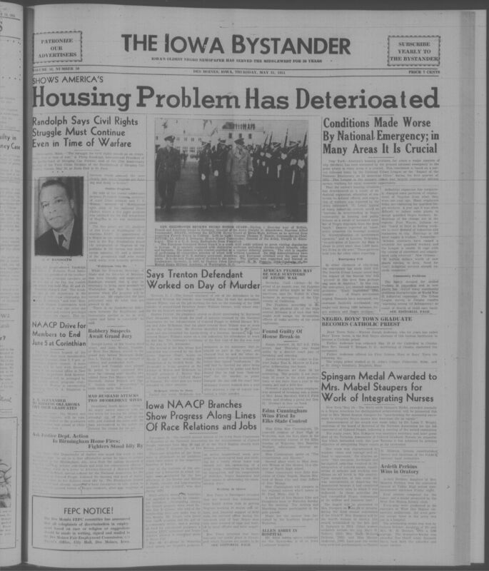Contents include but are not limited to Randolph urges continued civil rights fight during wartime, National Urban League warns housing crisis worsened by defense mobilization, NAACP Des Moines membership drive closes with mass meeting, Eisenhower reviews Negro honor guard highlighting integrated military excellence, Employer testifies alibi for Trenton Six defendant, NAACP urges Justice Department action after Birmingham Negro homes burned, Mabel Staupers awarded Spingarn Medal for integrating Negro nurses, and other topics. 