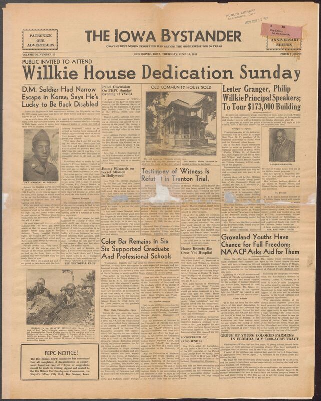 Contents include but are not limited to Willkie House community center dedicated with Lester Granger speaking, NAACP seeks funds and support for Groveland youths' re-trial, witnesses refute claims linking Trenton Six defendants before the murder, Supreme Court victory desegregates University of North Carolina law school, disabled Des Moines soldier recounts escapes in Korean War, and other topics.