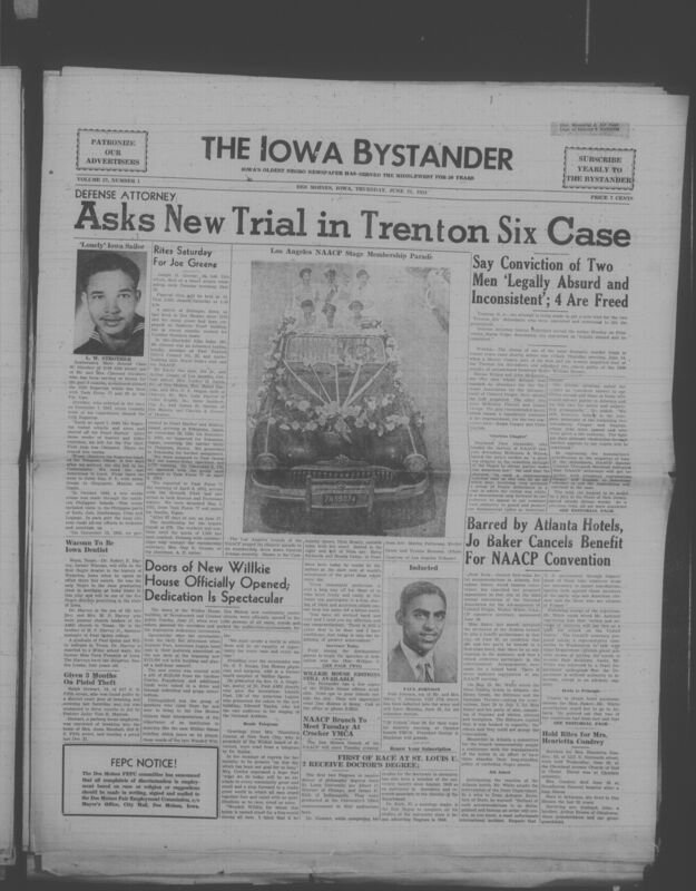 Contents include but are not limited to Defense Attorney Asks New Trial in Trenton Six Case Challenging Life Convictions, Doors of New Willkie House Officially Opened Celebrating Interracial Community Center Dedication, Barred by Atlanta Hotels Josephine Baker Cancels NAACP Benefit to Protest Segregation, Waco Native Becomes First Black Dentist in Waterloo Iowa, and other topics. 