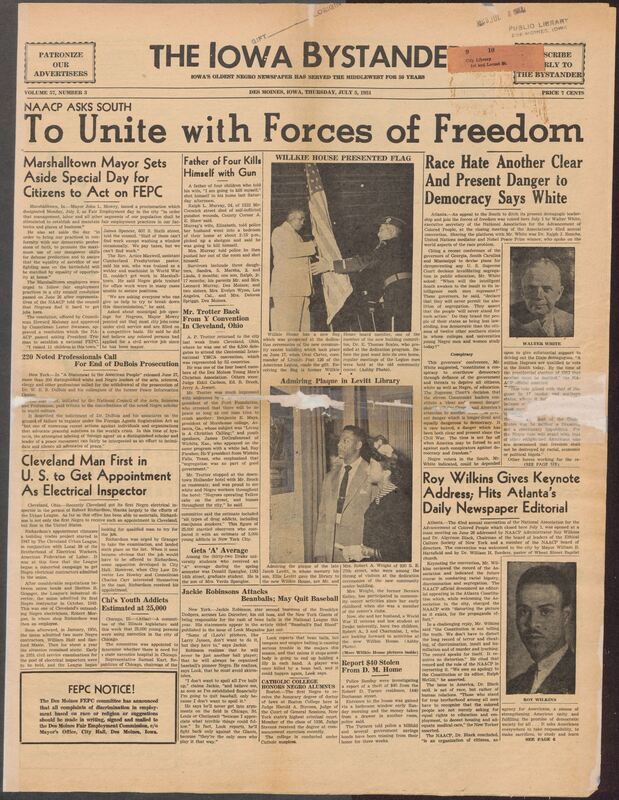 Contents include but are not limited to Walter White condemns race hate and southern demagogues at convention, Roy Wilkins defends NAACP against critical editorial in keynote address, American Legion presents new flag during Willkie House dedication ceremonies, Marshalltown proclaims Fair Employment Day after NAACP reports job discrimination, Des Moines father of four commits suicide with a shotgun, over two hundred professionals demand end to W.E.B. DuBois prosecution, and other topics.