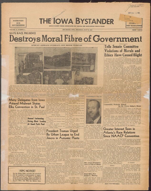 Contents include but are not limited to Walter White attributes government moral decay to civil rights violations, Ralph Bunche denounces southern segregation and congressional inaction in Atlanta, African artisans successfully overhaul motor vehicles in British West Africa, Urban League urges President Truman to end atomic plant discrimination, Midwest Elks convention in St. Paul draws large Iowa delegation, and other topics.