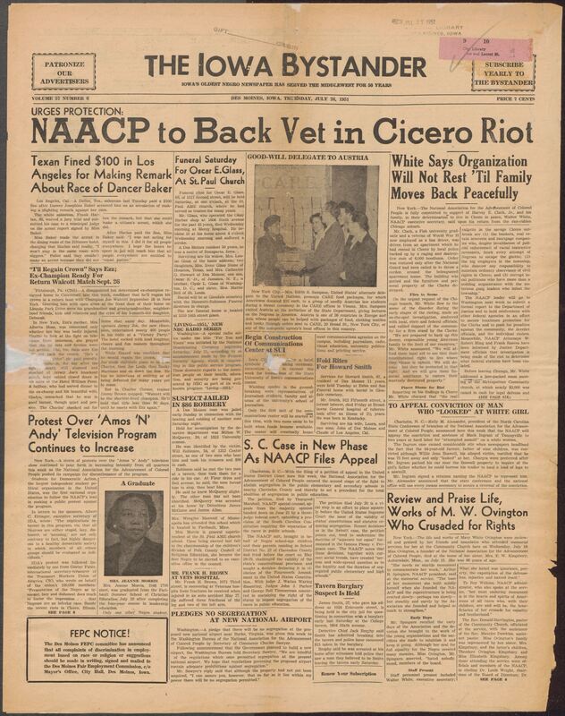 Contents include but are not limited to NAACP pledges full support to Clark family after Cicero riots, NAACP appeals conviction of Black man for looking at woman, memorial services honor the life of NAACP co-founder Mary Ovington, NAACP appeals ruling upholding public school segregation in South Carolina, national organizations join NAACP in protesting "Amos 'n' Andy" stereotypes, Commerce Secretary pledges no segregation at proposed new national airport, and other topics.