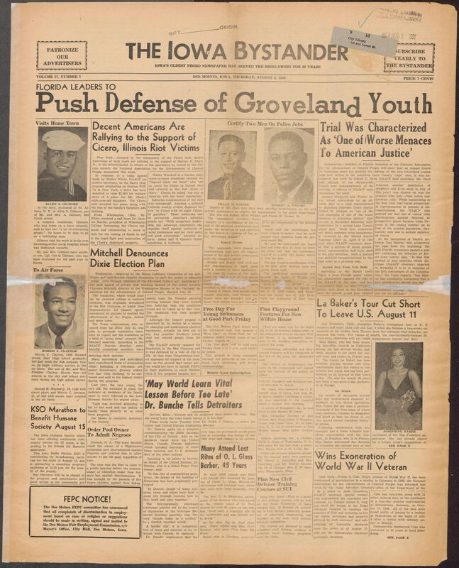 Contents include but are not limited to Florida NAACP plans retrial defense for falsely accused Groveland youths, Josephine Baker cuts triumphant US tour short due to health, Black WWII veteran Frank S. Cole exonerated of mutiny charges, two Black WWII veterans conditionally certified for police department jobs, Americans rally to support Cicero riot victims through fundraising efforts, NAACP strongly condemns Gossett Resolution intended to curb minority votes, and other topics.