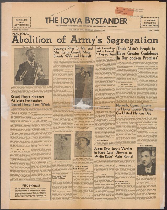 Contents include but are not limited to NAACP praises Army's end to segregation in Far East Command, Norwalk honors Cicero riot victims during United Nations Day celebration, Louis Armstrong and band escape injury in fatal hotel fire, separate funerals held for veteran couple after tragic murder-suicide, emancipation speaker reveals racial discrimination against Black Iowa penitentiary inmates, and other topics.