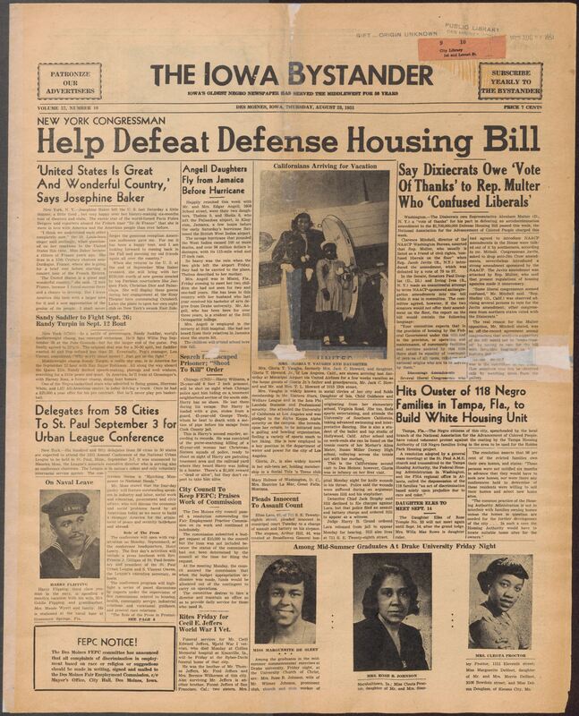 Contents include but are not limited to NAACP blames Rep. Multer for defeating anti-discrimination housing amendment, Californians Gloria Vaughn and daughter vacation with family in Iowa, Josephine Baker concludes successful US tour and expresses love for America, boxing updates on Saddler and Turpin, National Urban League hosts 1951 annual conference in St. Paul, and other topics.