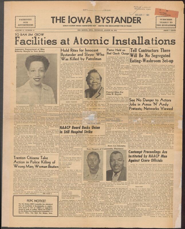 Contents include but are not limited to AEC assures NAACP of no segregation at new atomic installations, radio networks assure NAACP that protests won't harm Black actors, NAACP files contempt proceedings against Cicero officials for riot negligence, funerals held for innocent bystander and her intoxicated fatal shooter, former Des Moines resident Roberta Maupin announces New Jersey engagement, NAACP backs laundry union strike to prevent Black strikebreaker exploitation, and other topics.