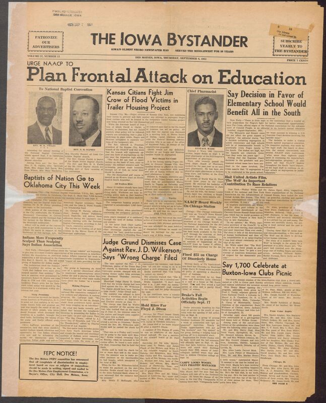 Contents include but are not limited to NAACP advocates frontal legal attack on Southern school segregation, NAACP leaders praise film 'The Well' for improving race relations, 1,700 people attend fourth annual Iowa-Buxton club reunion picnic, Kansas City citizens fight proposed segregation in flood relief housing, association combats Indigenous stereotypes supporting repeal of Pennsylvania scalp bounties, judge dismisses false pretense charge against Rev. J.D. Wilkerson, and other topics.