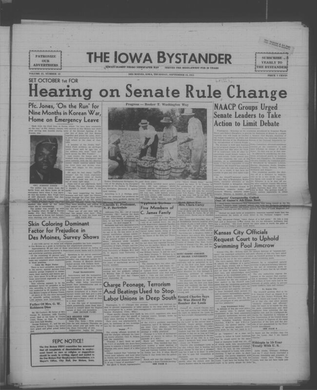 Contents include but are not limited to Pfc Johnny Jones Returns Home on Emergency Leave After Nine Months of Fierce Korean War Fighting, Des Moines Survey Finds Skin Color Is Primary Cause of Racial Prejudice in Employment and Public Service, NAACP Presses Senate to Change Rules to End Civil Rights Filibusters, Senate Investigates Charges of Peonage and Violence Used to Block Southern Labor Unions, Kansas City Asked to Uphold Racially Segregated Public Swimming Pools, and other topics. 