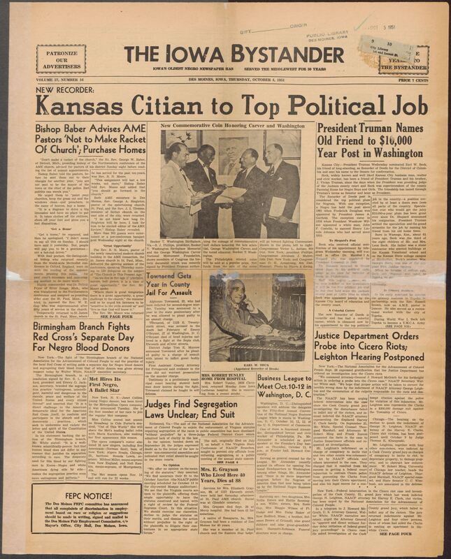 Contents include but are not limited to Truman names old friend to $10,000 year post in Washington, Bishop Baber advises AME pastors to not make a racket of church, Birmingham Branch fights red cross’s separate day for negro blood donors, Townsend gets a year in jail for assault, Justice Department Orders Probe into Cicero Riots; Leighton Hearing Postponed, Judges find segregation laws unclear; end suit, and other topics.