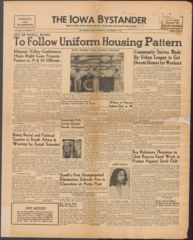 Contents include but are not limited to Pasco, Washington to follow uniform housing pattern, Missouri valley conference hears bright case; presents protest to A&M officials, Ray Robinson Threatens to quit fund work in protest against stork club, South’s first unsegregated schools are in operation at army post, Rising Racial and Political Tension in South Africa Is Warning by Social Scientist, Suspended Polk County Deputy Sheriffs reinstated, and other topics.