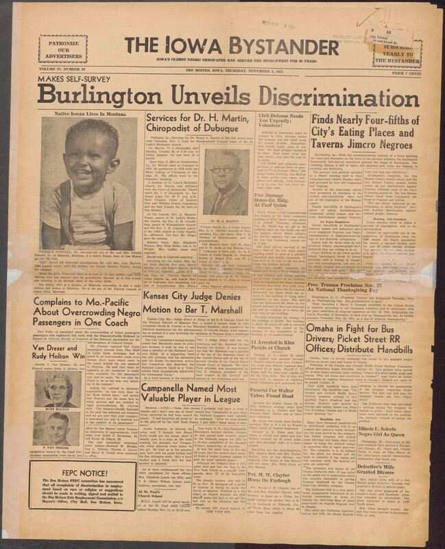 Contents include but are not limited to Burlington unveils discrimination and finds nearly four-fifths of dining segregates negroes, Kansas City Judge denies motion to bar T. Marshall, Missouri overcrowding negro passengers in one coach, Omaha in fight for bus drivers, and other topics. 