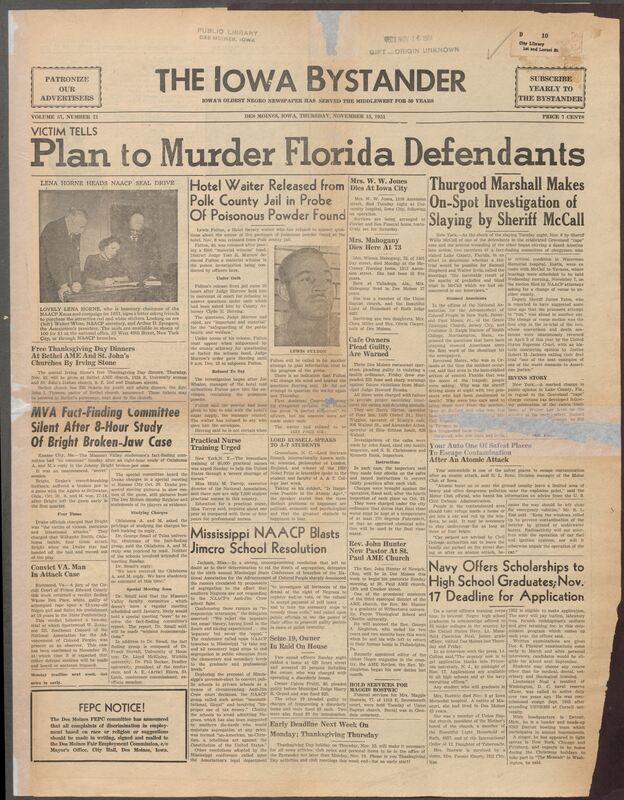 Contents include but are not limited to Victim plans to murder Florida defendants, Hotel Waiter Released from Polk County Jail in Probe Of Poisonous Powder Found, MVA Fact-Finding Committee Silent After 8-Hour Study of Bright Broken-Jaw Case, Mississippi NAACP Blasts Jimcro School Resolution, Navy Offers Scholarships to High School Graduates, and other topics.
