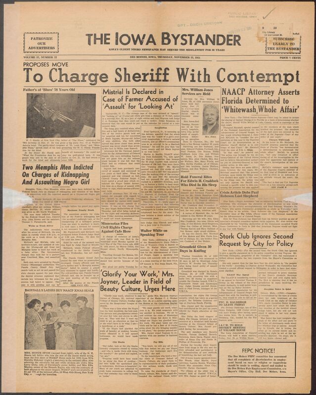 Contents include but are not limited to Proposition to charge sheriff with contempt, Mistrial is declared in case of farmer accused of assault for looking at a young woman, Two Memphis men indicted on charges of kidnapping and assauling negro girl, Stork Club Ignores Second Request by City for policy, and other topics.