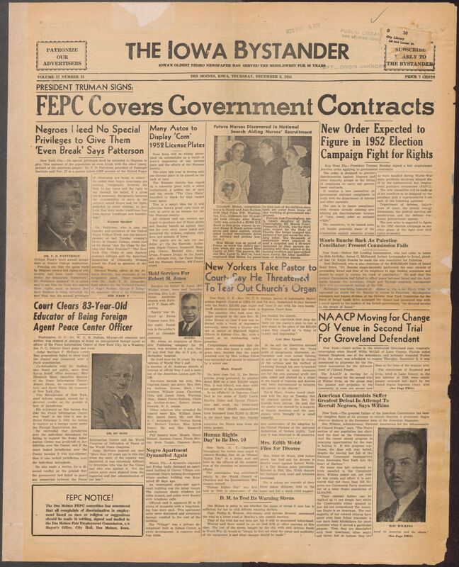 Contents include but are not limited to Truman signs FEPC covers Government Contracts, Negros need no special privileges to give them even break, Many Autos to Display ‘Corn’ 1952 License Plates, Court clears 83-year-old educator suspected of being a foreign agent, New Yorkers take Pastor to court saying he threatened to tear out church’s organ, NAACP Moving for Change Of Venue in Second Trial For Groveland Defendant, Southern trainwreck stirs new jimcro fight; 14 dead, and other topics.