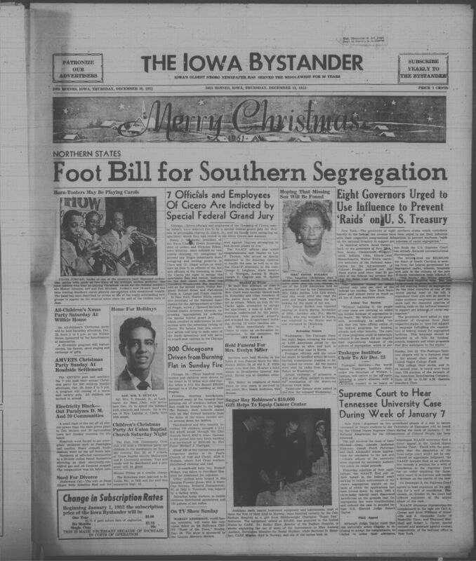 Contents include but are not limited to Cicero township officials indicted by federal grand jury for using police power to block Black family housing, Governors urged to stop federal funding of segregation schemes draining national tax revenue, Des Moines power blackout cripples city and surrounding towns during subzero cold, Pentagon releases names of Americans held as Korean War prisoners of war, Supreme Court to hear NAACP case challenging segregation at University of Tennessee, and other topics. 