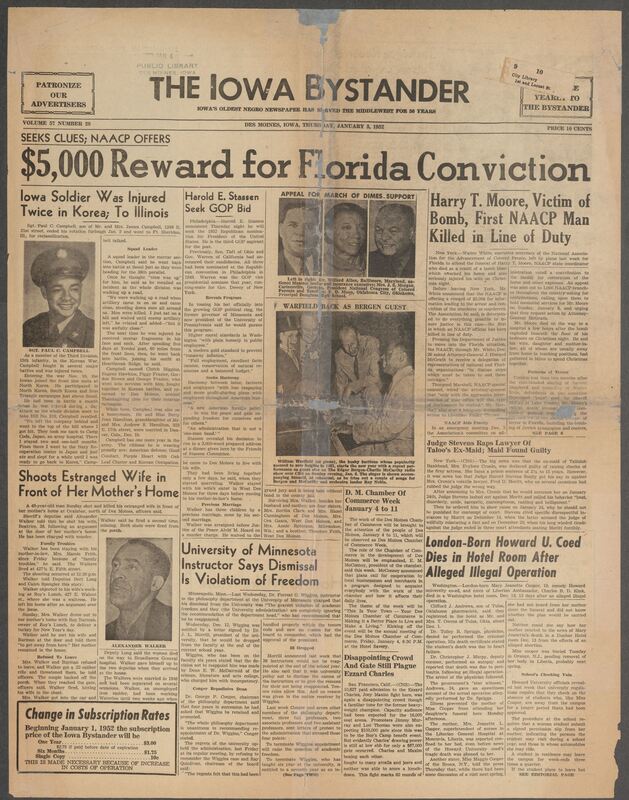 Contents include but are not limited to $5000 reward for Florida Conviction, lowa Soldier Was Injured Twice in Korea; To Illinois, Shoots Estranged Wife in Front of Her Mother's Home, University of Minnesota instructor says dismissal is violation of freedom, Tuskegees Records Show One Person Lynched During 1951, and other topics.