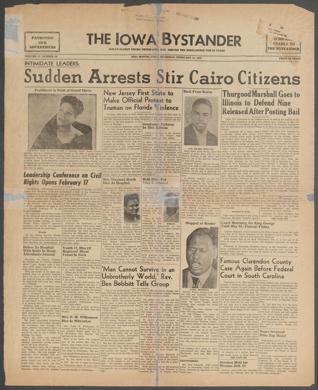 Contents include but are not limited to Sudden arrests stir Cairo citizens, New Jersey First State to Make Official Protest to Truman on Florida Violence, Leadership conference on Civil rights opens February 17th, Famous Clarendon County case again before federal court in South Carolina, and other topics. 