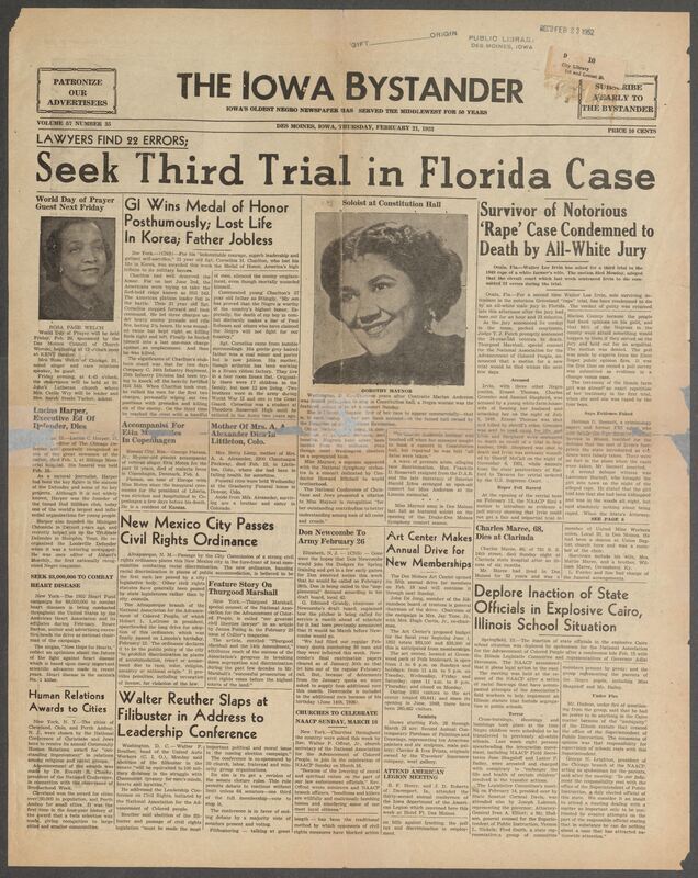Contents include but are not limited to Lawyers seek third trial in Florida case, GI wins medal of honor posthumously; lost life in Korea; father jobless, New Mexico City Passes Civil Rights Ordinance, Walter Reuther slaps at filibuster in address to leadership conference, Deplore inaction of state officials in explosive Cairo, Illinois school situation, and other topics. 
