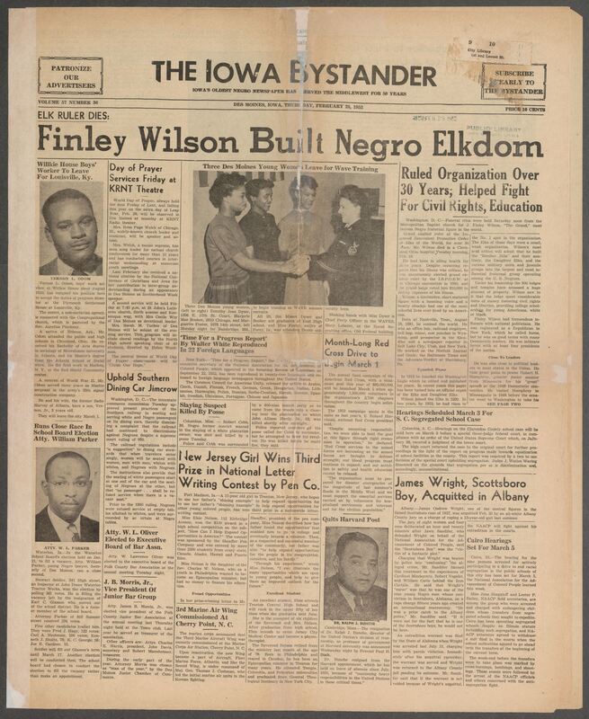 Contents include but are not limited to ELK ruler dies after ruling organization over 30 years; helping to fight for civil rights education, New Jersey girl wins third prize in National letter writing contest by Pen Company, James Wright acquitted in Albany, Republicans to hear R.A. Voelger at Dinner March 4, Uphold Southern Dining Car Jimcrow, and other topics. 