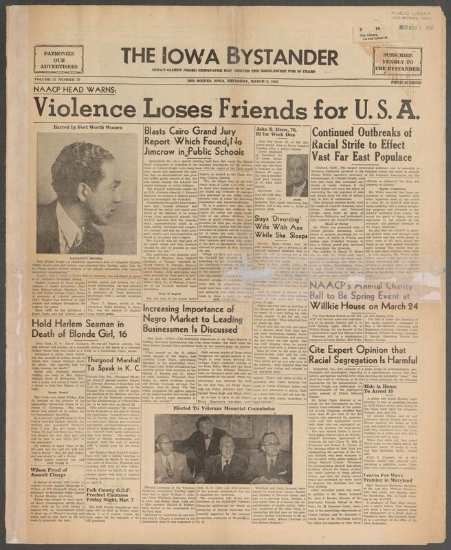 Contents include but are not limited to NAACP head warns that violence loses friends for the US, Blasts Cairo Grand Jury Report Which Found No Jimcrow in Public Schools, Harlem Seaman held after death of 16 year old girl, Increasing important of Negro market is discussed, NAACP’s annual charity ball to be spring event at Wilkie House, Cite Expert Opinion that Racial Segregation Is Harmful, NAACP Acts Vigorously To Prevent Recommittal of Alaskan Statehood Measure, and other topics. 