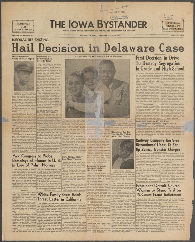 Contents include but are not limited to First decision in drive to destroy segregation in grade in high school, Congress asked to probe bombings of homes in US in lieu of Polish horrors, Railway Company Restores Discontinued Lines; To Set Up Zones, Transfer Charges, White family gets bomb threat letter in California, and other topics.