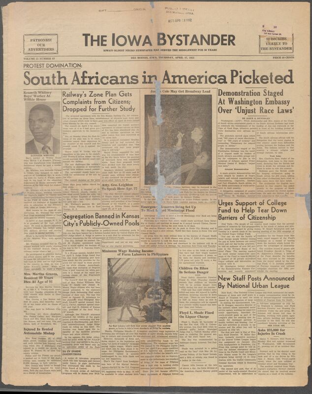 Contents include but are not limited to South Africans in America Picketed, Railway's Zone Plan Gets Complaints from Citizens; Dropped for Further Study, Urges Support of College Fund to Help Tear Down Barriers of Citizenship, Segregation Banned in Kansas City’s Publicly-Owned Pools, Segregation Banned in Kansas City’s Publicly-Owned Pools, and other topics.