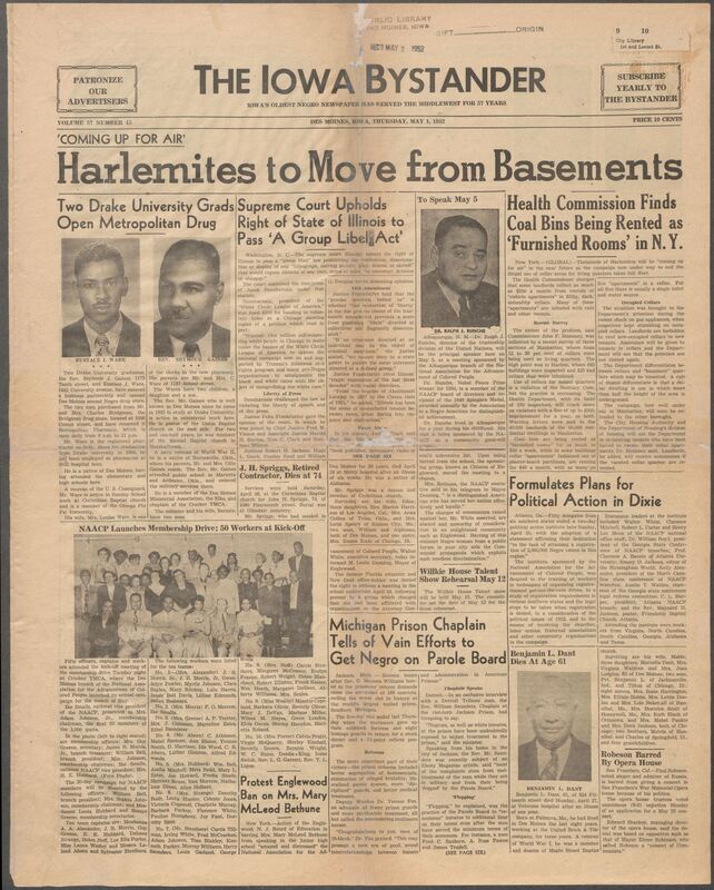 Contents include but are not limited to Harlemites to move from basements, two Drake University grads open metropolitan drug, Supreme court upholds right of state of Illinois to pass a group libel act, Formulates plans for political action in Dixie, Michigan prison chaplain tells of vain efforts to get negro on parole board, and other topics.
