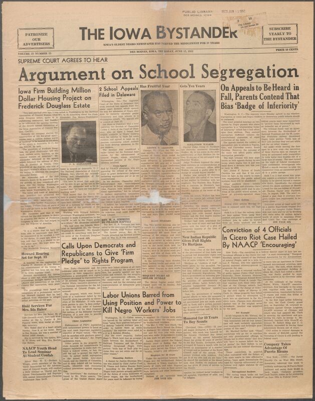 Contents include but are not limited to Supreme court agrees to hear argument on school segregation, Iowa firm building million dollar housing project on Frederick Douglass estate, Calls Upon Democrats and Republicans to Give ‘Firm Pledge’ to Rights Program, Conviction of 4 Officials In Cicero Riot Case Hailed By NAACP ‘Encouraging’, Labor Unions Barred from Using Position and Power to Kill Negro Workers’ Jobs, and other topics.
