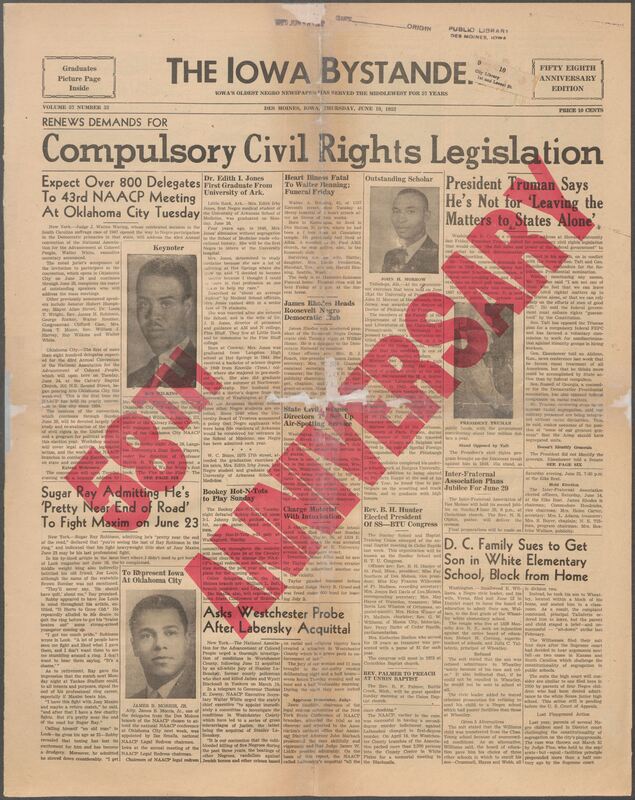 Contents include but are not limited to Truman says he is not leaving the civil rights registration to the states alone, Expect Over 800 Delegates To 43rd NAACP Meeting At Oklahoma City Tuesday, Sugar Ray says he is pretty near end of road to fight Maxim on June 23, D.C. Family Sues to Get Son in White Elementary School, and other topics.
