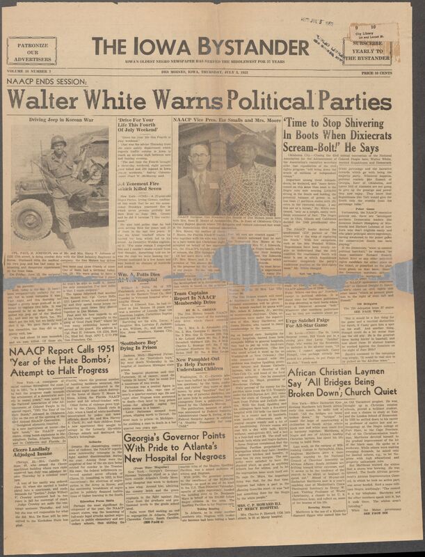 Contents include but are not limited to Walter White warns political parties, NAACP Report Calls 1951 ‘Year of the Hate Bombs’; Attempt to Halt Progress, African Christian Laymen Say ‘All Bridges Being Broken Down’; Church Quiet, Georgia's Governor Points With Pride to Atlanta’s New Hospital for Negroes, and other topics.
