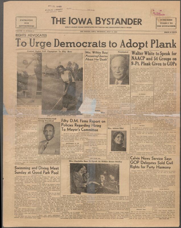 Contents include but are not limited to Walter White to Speak for NAACP and 54 Groups on 9-Pt. Plank Given to GOPs, Fifty D.M. Firms Report‘on Policies Regarding Hiring To Mayor’ s Committee, Swimming and Diving Meet Sunday at Good Park Pool, Calvin News Service Says GOP Delegates Sold Civil Rights for Party Harmony, and other topics.