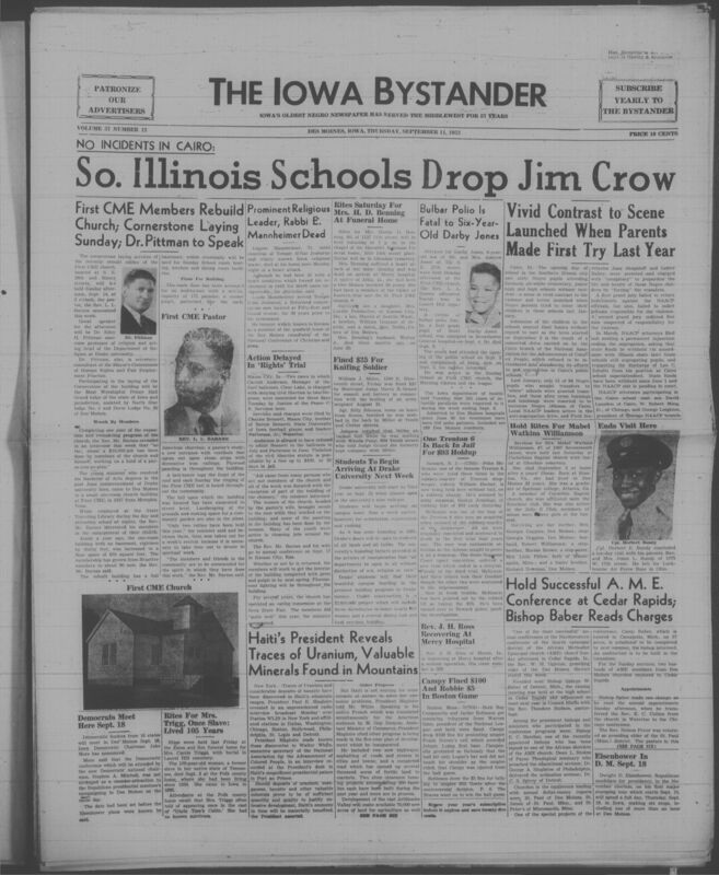 Iowa’s Bystander newspaper (going by various titles throughout the years) was established in Des Moines, Iowa in 1894. The weekly newspaper served as the voice of Iowa’s African American community and covered a variety of local, national, and occasionally international matters. Topics focused on the Black community and was founded with this intent. The newspaper went by various titles throughout the years including: Iowa State Bystander, Iowa Bystander, The Bystander, and The New Iowa Bystander.