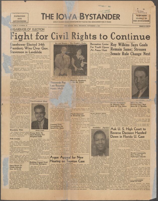 Contents include but are not limited to Regardless of election fight for Civil Rights to continue, Eisenhower Elected 34th President; Wins Over Gov. Stevenson in Landslide, Recreation Center For Youth Opens At Amos Hiatt, Ask U. S. High Court to Reverse Decision Handed Down in Florida U. Case, Argue Appeal for New Hearing on Trenton Case, and other topics.
