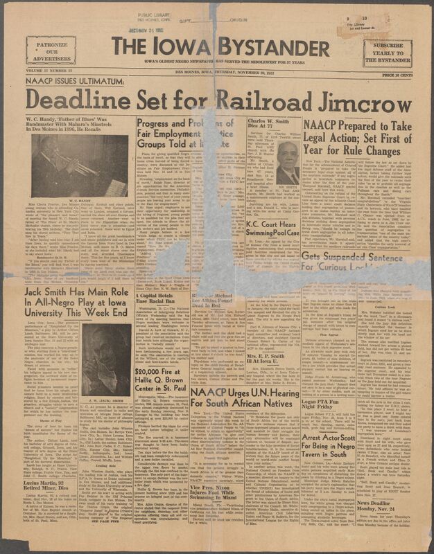 Iowa’s Bystander newspaper (going by various titles throughout the years) was established in Des Moines, Iowa in 1894. The weekly newspaper served as the voice of Iowa’s African American community and covered a variety of local, national, and occasionally international matters. Topics focused on the Black community and was founded with this intent. The newspaper went by various titles throughout the years including: Iowa State Bystander, Iowa Bystander, The Bystander, and The New Iowa Bystander.