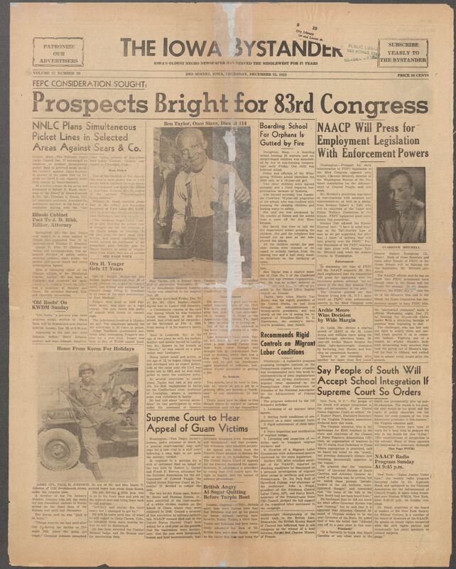 Contents include but are not limited to NAACP Will Press for Employment Legislation With Enforcement Powers, NNLC Plans Simultaneous Picket Lines in Selected Areas Against Sears & Co., Boarding School For Orphans ls Gutted by Fire, Supreme Court to Hear Appeal of Guam Victims, Say People of South Will Accept School Integration if Supreme Court So Orders, and other topics.
