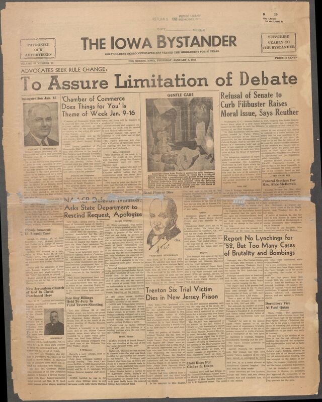 Iowa’s Bystander newspaper (going by various titles throughout the years) was established in Des Moines, Iowa in 1894. The weekly newspaper served as the voice of Iowa’s African American community and covered a variety of local, national, and occasionally international matters. Topics focused on the Black community and was founded with this intent. The newspaper went by various titles throughout the years including: Iowa State Bystander, Iowa Bystander, The Bystander, and The New Iowa Bystander.