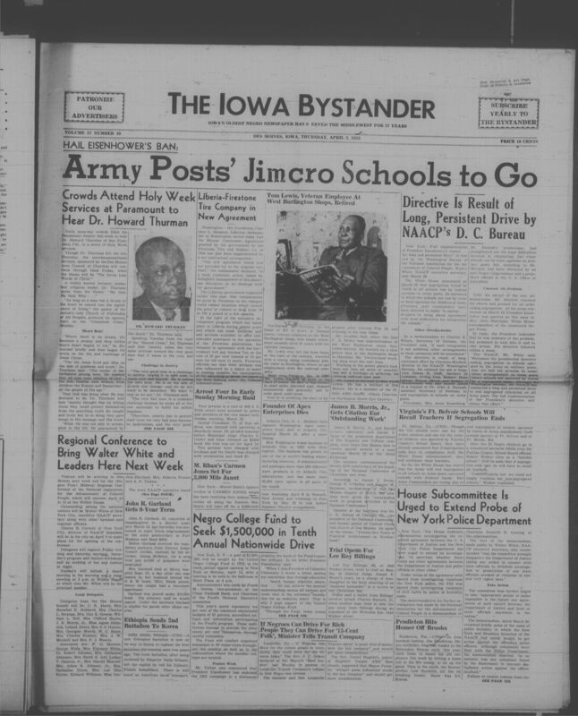 Iowa’s Bystander newspaper (going by various titles throughout the years) was established in Des Moines, Iowa in 1894. The weekly newspaper served as the voice of Iowa’s African American community and covered a variety of local, national, and occasionally international matters. Topics focused on the Black community and was founded with this intent. The newspaper went by various titles throughout the years including: Iowa State Bystander, Iowa Bystander, The Bystander, and The New Iowa Bystander.