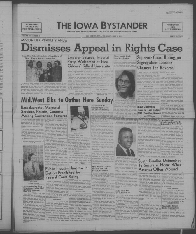 Contents include but are not limited to Mason City verdict stands as appeal dismissed in rights case reinforcing anti segregation ruling, Emperor Haile Selassie visit to Dillard University highlights equality and international cooperation, Midwest Elks convention in Des Moines aims to organize services events and regional collaboration, Federal court bans Detroit housing segregation to enforce equal access rights, City plans to keep market open then replace it with parking to support vendors, Flood in Fort Dodge displaces families and causes heavy damage, and other topics. 