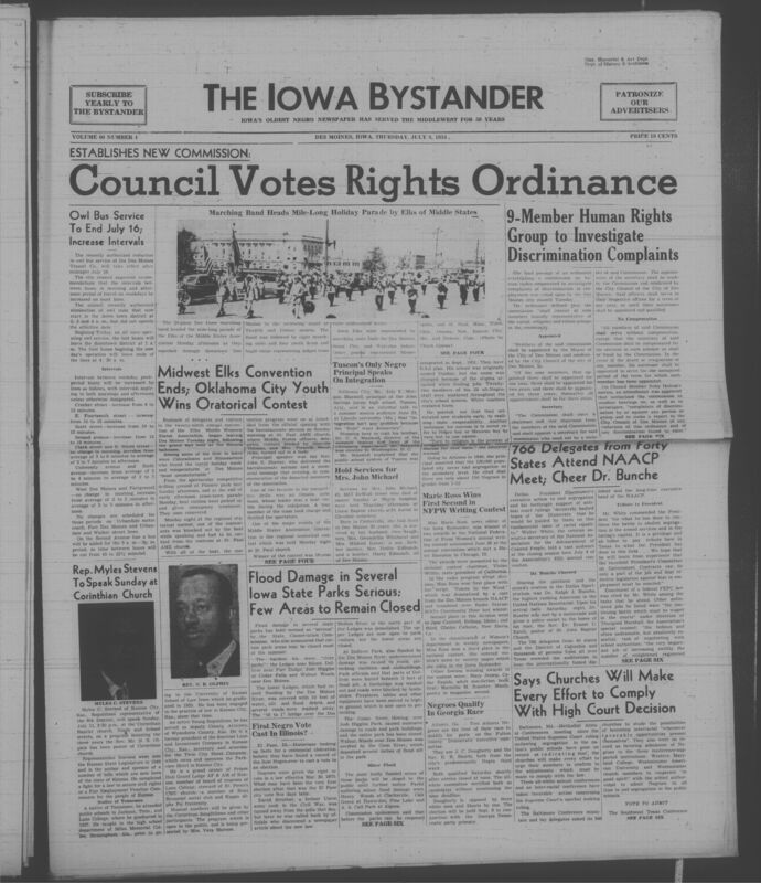Contents include but are not limited to City ends owl bus service and lengthens routes to reduce costs, Elks convention parade and oratorical contest highlight heat impacts and gathering purpose, Rep Stevens speaks on civil rights law progress, Tucson principal says integration succeeds due to student support, Flooding severely damages Iowa parks requiring closures and repairs, Historians identify early Black voting case in Illinois showing voting rights origins, Des Moines creates human rights commission to investigate discrimination, NAACP convention praises federal anti segregation efforts urging equality, Churches commit to follow Supreme Court desegregation ruling, and other topics. 