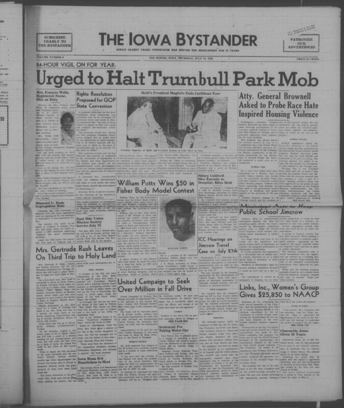 Contents include but are not limited to Registered nurse Frances Wells dies from heart attack while on duty at hospital, Iowa Republicans propose anti discrimination agency to address racial and religious bias, University of Missouri ends segregation policy to comply with equality efforts, attorney and writer Gertrude Rush travels to Holy Land for research and writing, Haiti president promotes unity against communism after Caribbean tour, NAACP urges federal action to stop race violence in Chicago housing, Mississippi leaders consider abolishing public schools to resist integration, and other topics. 