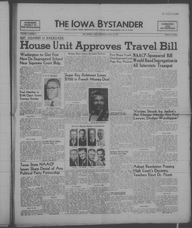 Contents include but are not limited to Washington plans first integrated public school near Supreme Court to replace segregated buildings and save costs, Hilltop Tennis Club hosts free Des Moines Open tournament finals to expand public access to sports, Texas NAACP denies political ties to protect nonpartisan civil rights advocacy, NAACP supported bill advances to ban segregation in interstate travel, First Black youth appointed Supreme Court page signals progress after desegregation ruling, and other topics. 