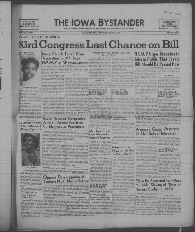 Contents include but are not limited to Woman accepts Drake University library job to advance career in education, NAACP honors Mary Church Terrell and Hugo Ernst for lifelong civil rights leadership, seven railroads admit segregated passenger facilities prompting NAACP challenge, dispute over closing segregated Yonkers school highlights fight over desegregation, NAACP urges Congress to pass anti segregation interstate travel bill to secure civil rights progress, and other topics. 