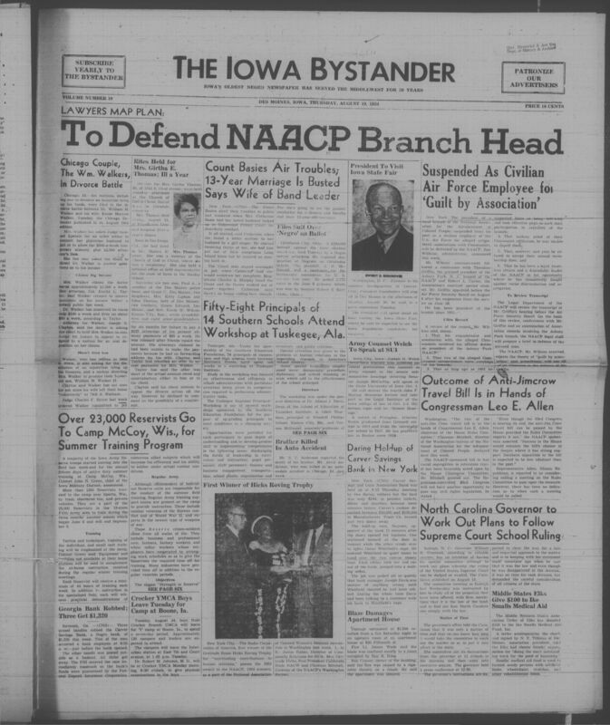 Contents include but are not limited to Rites held for Mrs Girtha Thomas to honor local community figure, President Eisenhower to visit Iowa State Fair highlighting national engagement, NAACP to defend lawsuit challenging racial designation on Oklahoma ballots to secure voting rights, Air Force suspends employee over alleged Communist ties raising civil liberties concerns, Divorce battle reveals dispute over income and support payments, Tuskegee workshop trains Southern principals to improve school leadership, Congress considers anti Jim Crow travel bill to address segregation, Iowa reservists begin summer training at Camp McCoy to strengthen readiness, Carver Savings Bank robbery report highlights local crime incident, and other topics. 