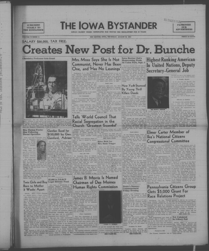 Contents include but are not limited to Mrs Moss denies Communist accusations and seeks fair hearing to clear her name, Thrill killing case shocks New York highlighting senseless violence and justice pursuit, Churches condemn racial segregation as moral scandal and urge reform, Iowa Buxton Club announces homecoming picnic to reconnect community members, National Medical Association donates to NAACP to support civil rights progress, Dr Ralph Bunche appointed UN deputy to strengthen international diplomacy, Rare medical case reports triplets born weeks apart to advance science, James B Morris named human rights chair to combat discrimination locally, and other topics. 
