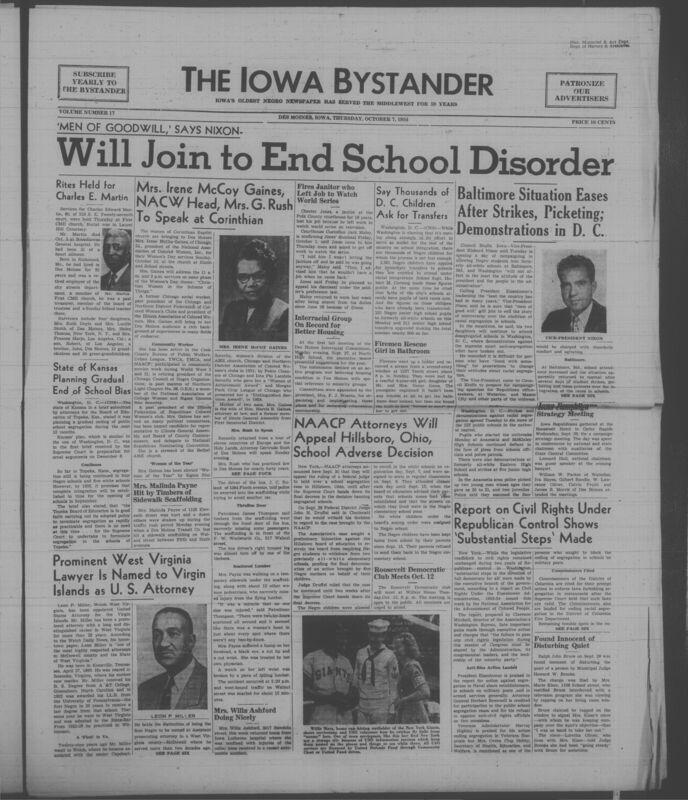 Contents include but are not limited to Nixon says men of goodwill must unite to end school segregation conflict, Kansas plans gradual end of public school segregation within 12 months, Services honor Charles E Martin and recount his life and community contributions, Church event invites Irene McCoy Gaines to inspire women’s civic and religious leadership, Bus crash into scaffolding injures pedestrian and highlights urban safety risks, Appointment of Leon P Miller signals advancement of Black leadership in federal justice system, and other topics. 