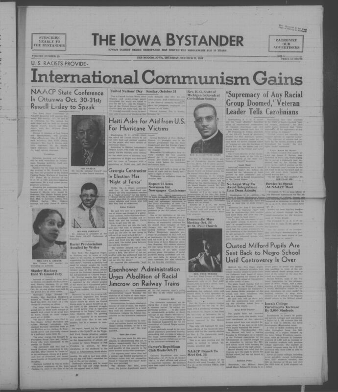 Contents include but are not limited to NAACP conference in Ottumwa aims to address civil rights issues through workshops and leadership discussions, Racism in United States criticized as aiding international communism and harming global relations, Haiti requests US aid to support victims of Hurricane Hazel devastation, Georgia candidate reports terror attack linked to his political run highlighting racial violence, Eisenhower administration urges end to racial segregation on interstate trains to enforce constitutional rights, Court rulings and protests highlight ongoing school integration conflicts and legal battles, and other topics. 