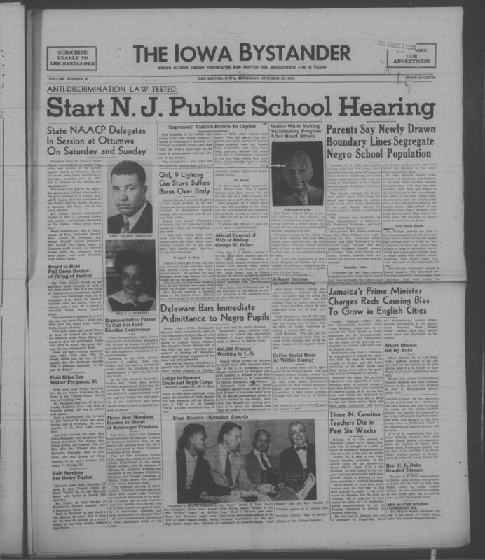 Contents include but are not limited to Anti discrimination law tested purpose hearing claims school boundaries enforce segregation, NAACP delegates meet in Ottumwa purpose organize civil rights action and discuss equality, Walter White health update purpose inform progress after heart attack, Girl badly burned in stove accident purpose warn of household danger, Delaware delays school integration purpose review legal arguments before admitting Black students, and other topics. 