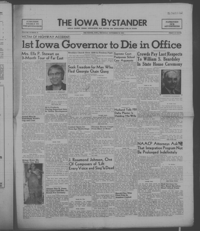 Iowa’s Bystander newspaper (going by various titles throughout the years) was established in Des Moines, Iowa in 1894. The weekly newspaper served as the voice of Iowa’s African American community and covered a variety of local, national, and occasionally international matters. Topics focused on the Black community and was founded with this intent. The newspaper went by various titles throughout the years including: Iowa State Bystander, Iowa Bystander, The Bystander, and The New Iowa Bystander.